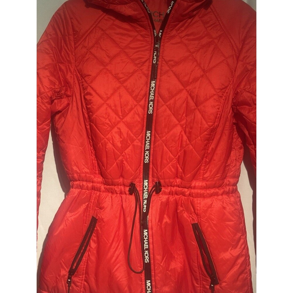 Michael Kors Red Quilted Fitted Hooded Puffer Jacket Coat Womens M Cozy Casual - Picture 2 of 7